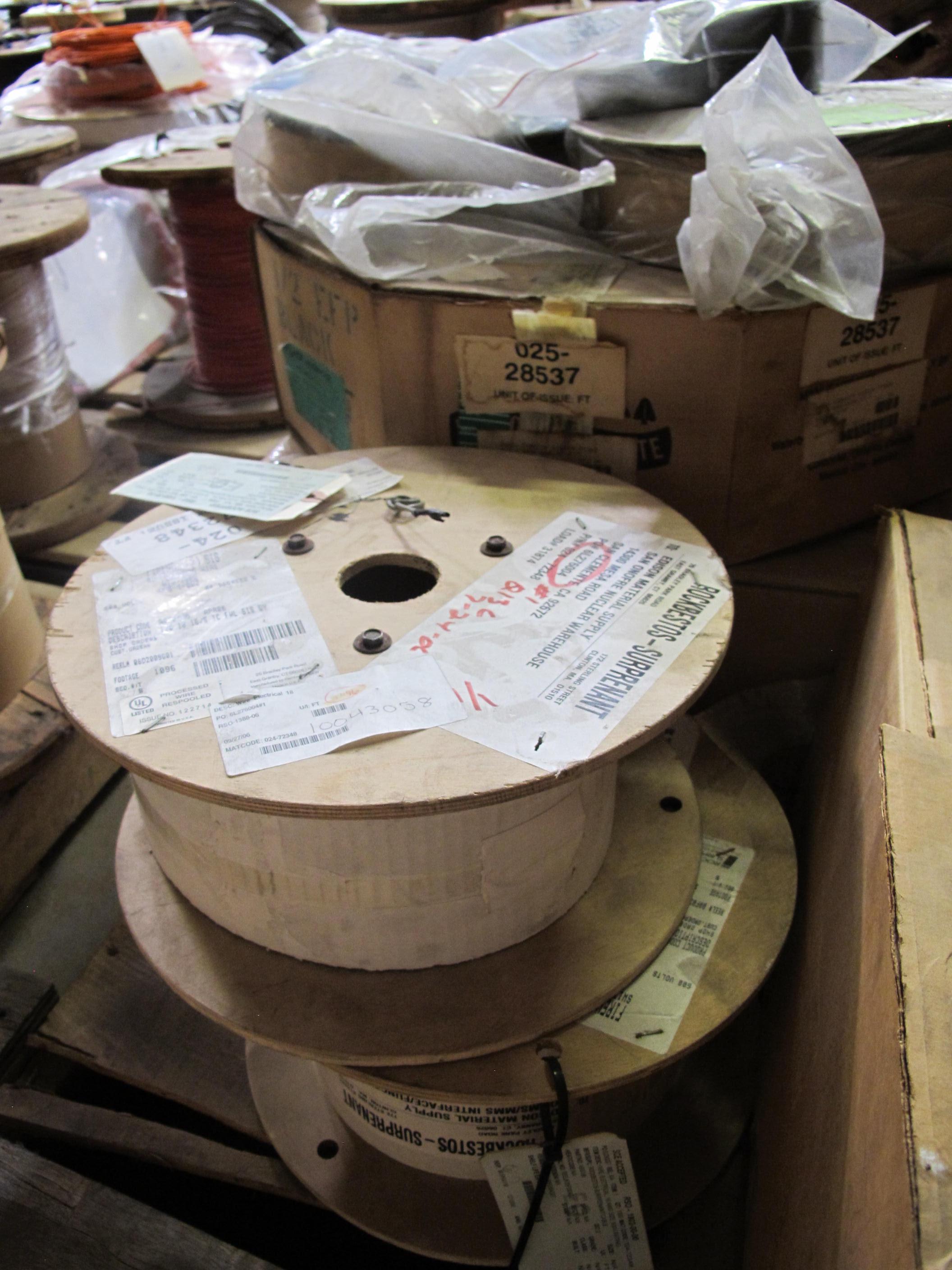 LOT TO INCLUDE: (3) CABLES, ELECTRICAL TYPE, 14 AWG SIZE, 600 V, 125 C RATING, SILICONE RUBBER INSULATING MATERIAL, 9 CONDUCTOR, SHIELDED KIND, (2) CABLES, PVC ENCASED MATERIAL, HOUSING KIND, (4) CABLES, 4 PR/24 AWG, CATEGORY 5 KIND. 8 CONDUCTOR (4 PAIR) WORKSTATION CABLING. CATEGORY 5 RATED. 24AWG SOLID COPPER, INSULATED, PVC JACKETED, (29) TUBES, 3-1/2" ID X 7-1/2" OD X 12" LONG (+/- .250" ON LENGTH) TYPE FBE-COTTON FIBER BASE, PHENOLIC-RESIN MATERIAL, MIL-I-24768/13 KIND. ELECTRICAL GRADE, NEMA GRADE LE, HEAT TREATED. LOADING & HANDLING FEE $15-4080